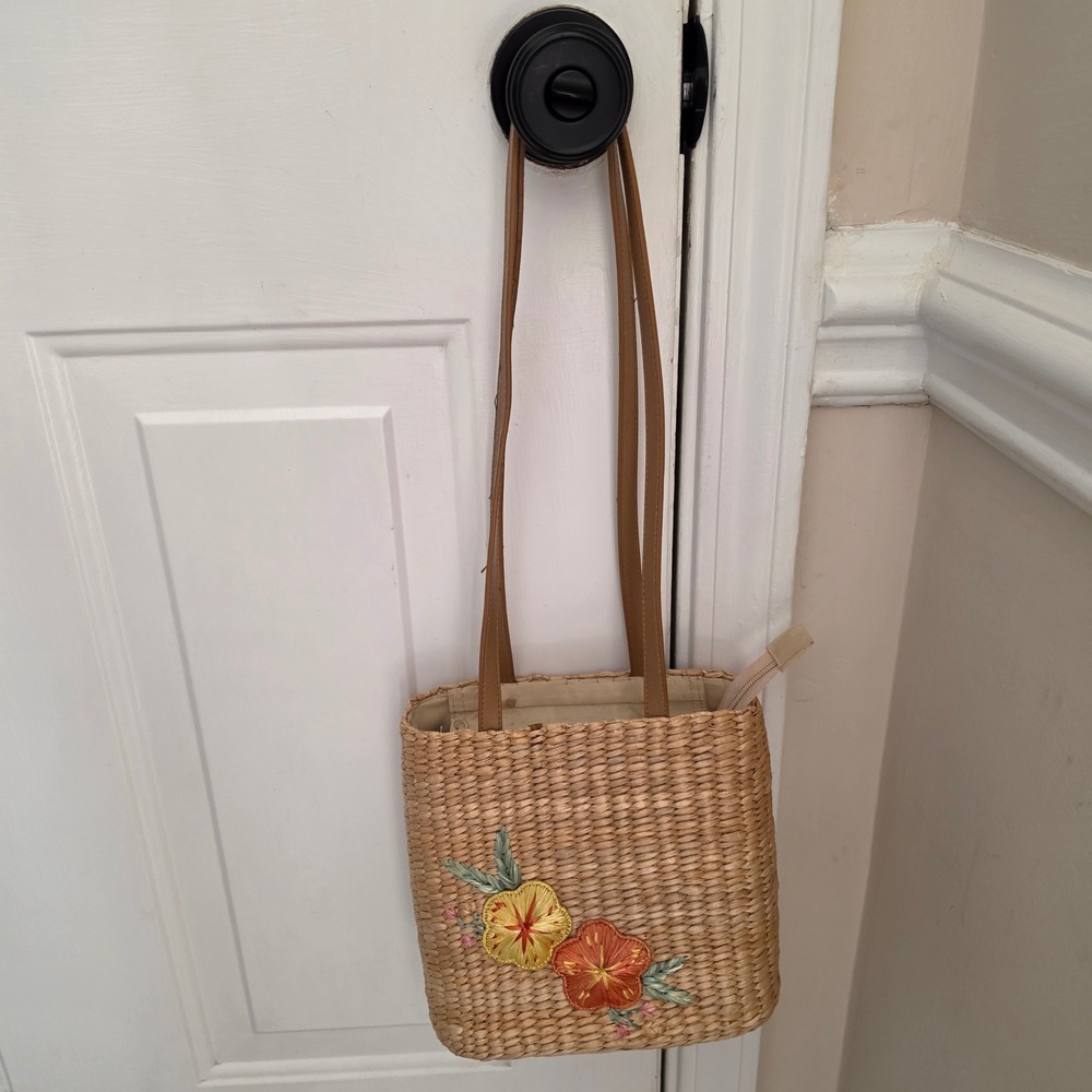 Cappelli Straworld Straw Tote Bag Womens Tan Boho Cottagecore Floral Embroidered - Picture 8 of 8